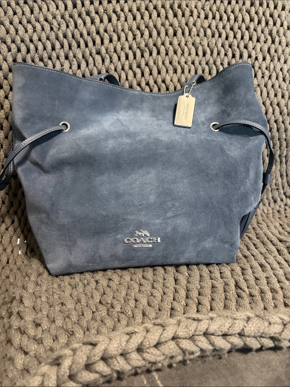 Coach Navy Suede Drawstring Tote with Polished Logo Tag